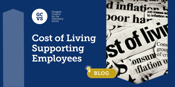 Navy blue banner shows newspaper cuttings with cost of living in the headlines