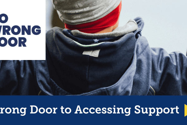 Close up on a young boy on a swing. A banner says No wrong door to accessing support