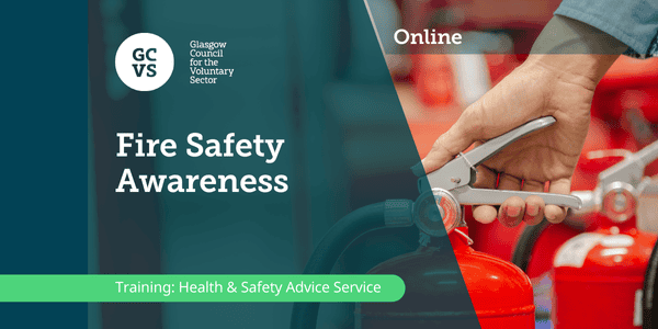 Behind a dark green banner shows a close up of a hand reaching for a fire extinguisher