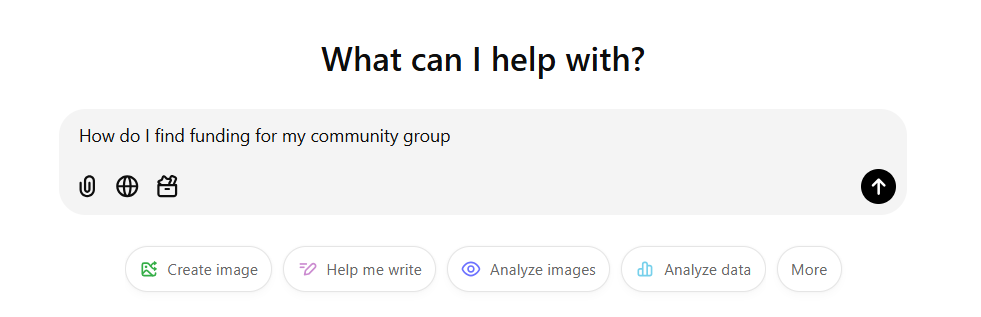 screenshot of Chat GPT and the user has asked for help to find funding